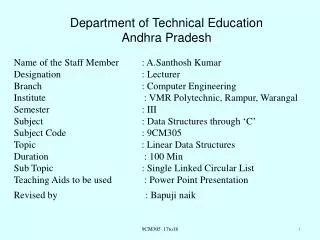 Name of the Staff Member 	: A.Santhosh Kumar Designation 			: Lecturer