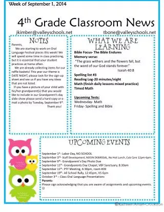 4 th Grade Classroom News jkimber@valleyschools tbone@valleyschools