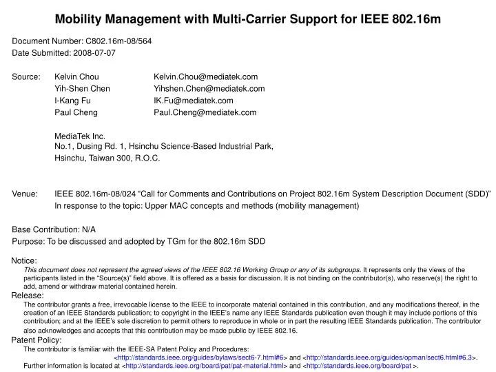 mobility management with multi carrier support for ieee 802 16m