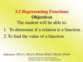 3.2 Representing Functions Objectives The student will be able to: