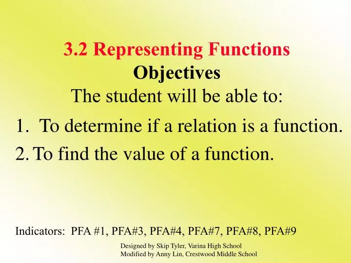 3 2 representing functions objectives the student will be able to
