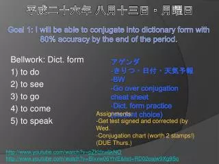 Bellwork : Dict. form 1) to do 2) to see 3) to go 4) to come 5) to speak