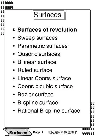 Surfaces Surfaces of revolution Sweep surfaces Parametric surfaces Quadric surfaces