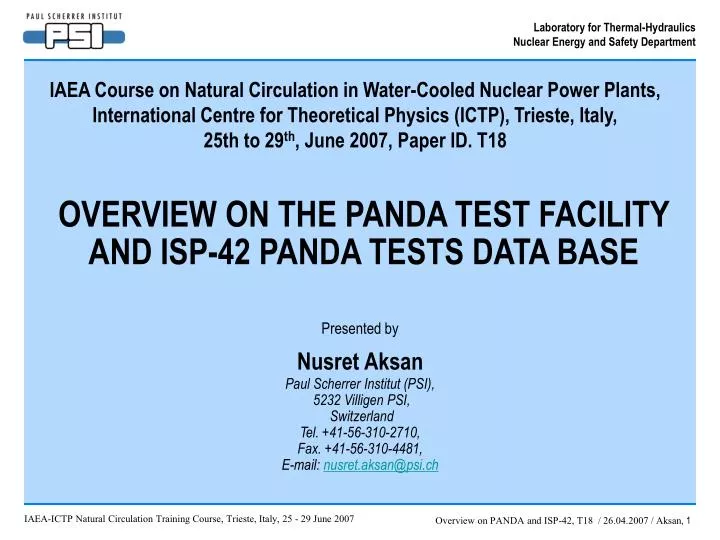 overview on the panda test facility and isp 42 panda tests data base