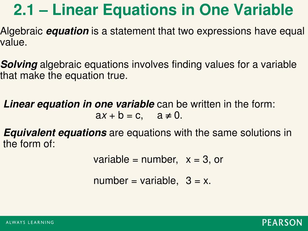 PPT - 2.1 – Linear Equations in One Variable PowerPoint Presentation ...