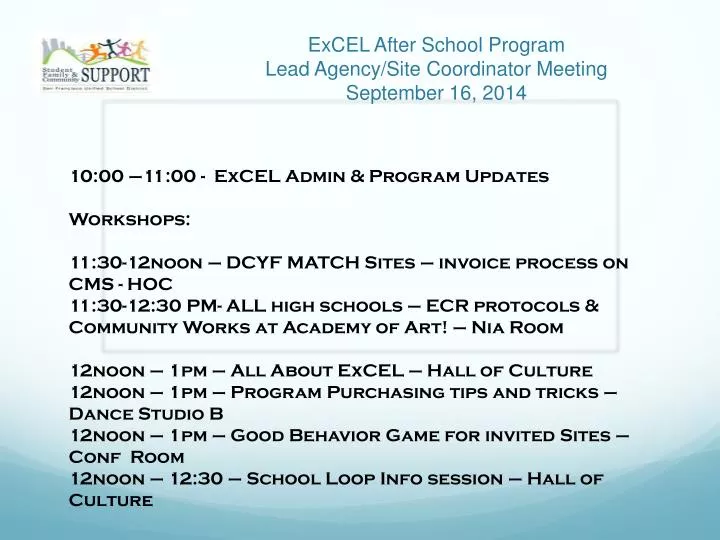 excel after school program lead agency site coordinator meeting september 16 2014