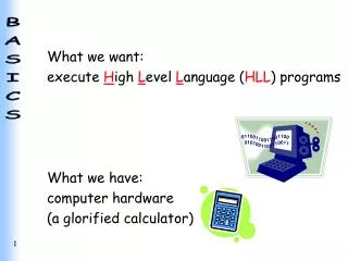 What we want: execute H igh L evel L anguage ( HLL ) programs What we have: computer hardware