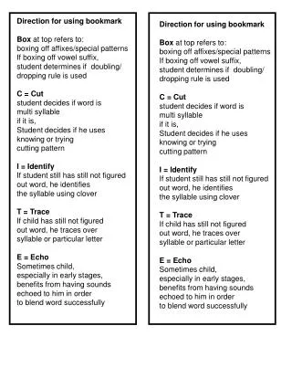 Direction for using bookmark Box at top refers to: boxing off affixes/special patterns