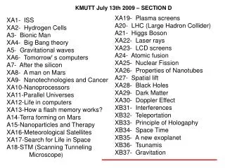 XA19- Plasma screens	 A20- LHC (Large Hadron Collider) A21- Higgs Boson	 XA22- Laser rays