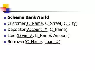 Schema BankWorld Customer( C_Name , C_Street, C_City) Depositor( Account_# , C_Name)