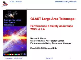 GLAST Large Area Telescope: Performance &amp; Safety Assurance WBS: 4.1.A Darren S. Marsh