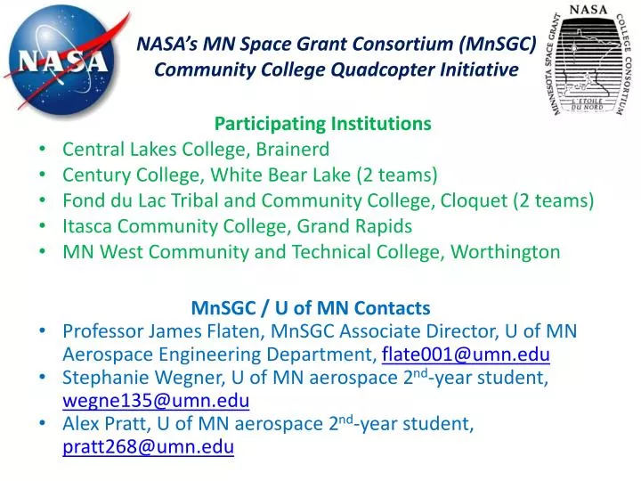 nasa s mn space grant consortium mnsgc community college quadcopter initiative