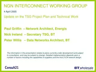 NGN INTERCONNECT WORKING GROUP 4 April 2005 Update on the TSG Project Plan and Technical Work