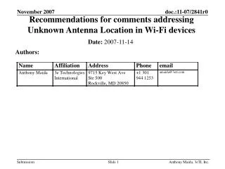 Recommendations for comments addressing Unknown Antenna Location in Wi-Fi devices