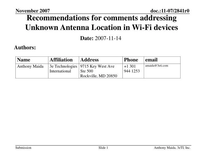 recommendations for comments addressing unknown antenna location in wi fi devices