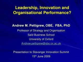 Leadership, Innovation and Organisational Performance?
