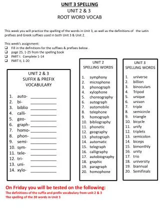 UNIT 3 SPELLING UNIT 2 &amp; 3 ROOT WORD VOCAB