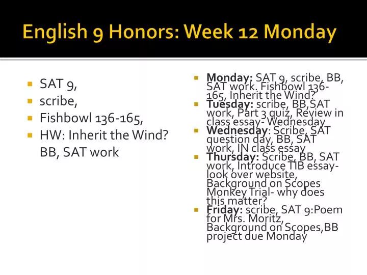 english 9 honors week 12 monday