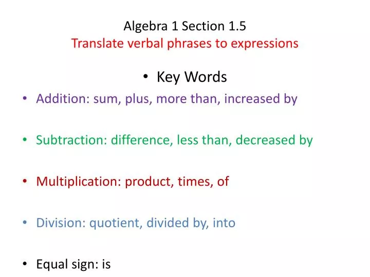 algebra 1 section 1 5 translate verbal phrases to expressions