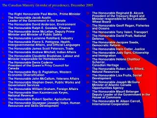 The Canadian Ministry (in order of precedence), December 2005