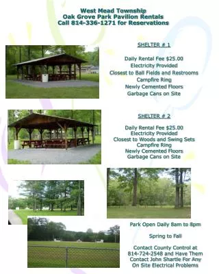 West Mead Township Oak Grove Park Pavilion Rentals Call 814-336-1271 for Reservations