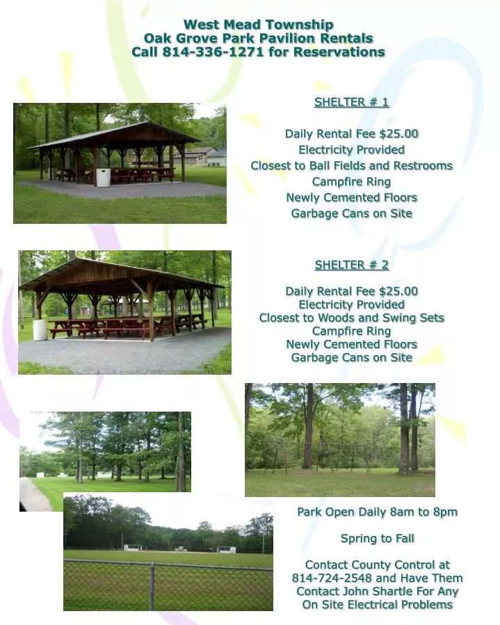 west mead township oak grove park pavilion rentals call 814 336 1271 for reservations