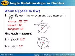 Warm Up(Add to HW) 1. Identify each line or segment that intersects ? F . Find each measure.