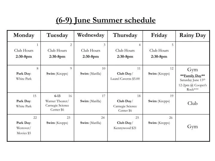 6 9 june summer schedule