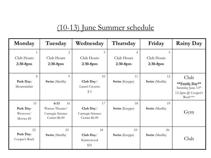 10 13 june summer schedule