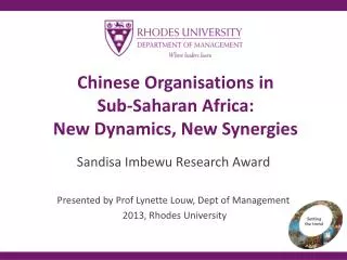 Chinese Organisations in Sub-Saharan Africa: New Dynamics, New Synergies