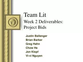 Team Lit Week 2 Deliverables: 		Project Bids