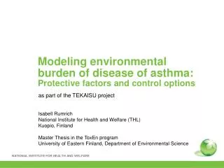 Modeling environmental burden of disease of asthma: P rotective factors and control options
