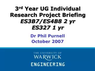 3 rd Year UG Individual Research Project Briefing ES3B7/ES4B8 2 yr ES327 1 yr