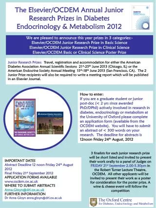 The Elsevier/OCDEM Annual Junior Research Prizes in Diabetes Endocrinology &amp; Metabolism 2012