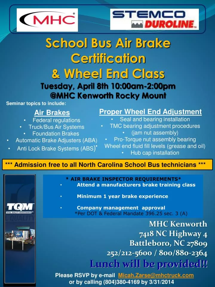 mhc kenworth 7418 nc highway 4 battleboro nc 27809 252 212 5600 800 880 2364 lunch will be provided