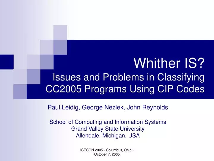 whither is issues and problems in classifying cc2005 programs using cip codes