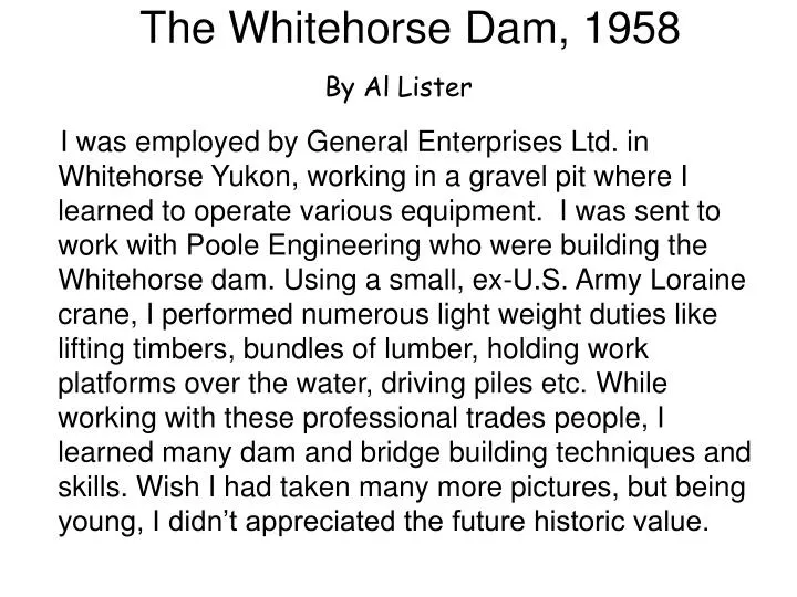 the whitehorse dam 1958 by al lister