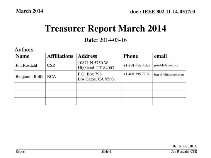 treasurer report march 2014