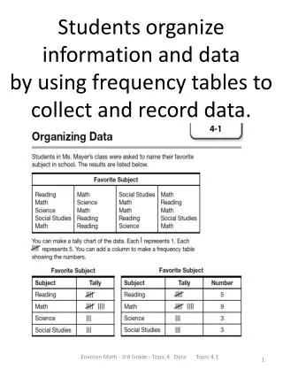 Students organize information and data by using frequency tables to collect and record data.