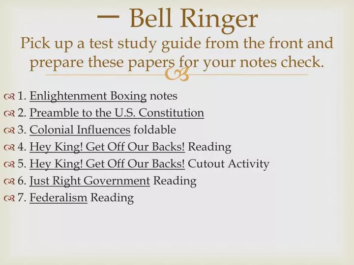 bell ringer pick up a test study guide from the front and prepare these papers for your notes check
