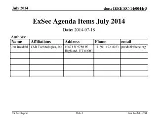 ExSec Agenda Items July 2014