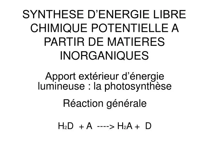 synthese d energie libre chimique potentielle a partir de matieres inorganiques