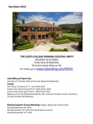 ? THE SCOTS COLLEGE ROWING COCKTAIL PARTY SATURDAY 18 OCTOBER TO BE HELD AT BARFORD,