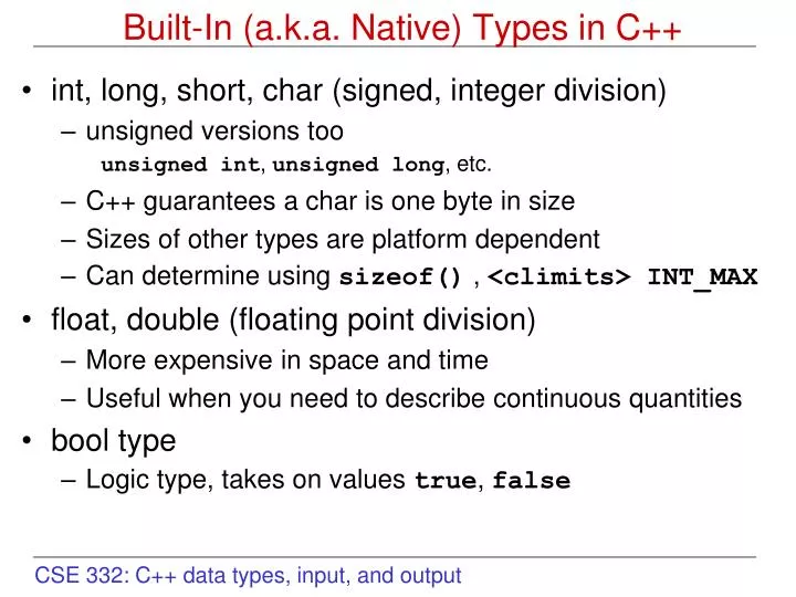 built in a k a native types in c