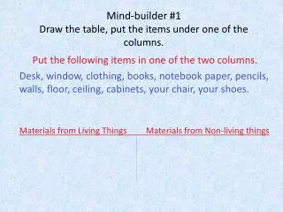 Mind-builder #1 Draw the table, put the items under one of the columns.