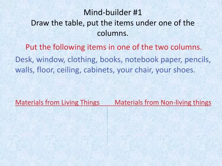 mind builder 1 draw the table put the items under one of the columns