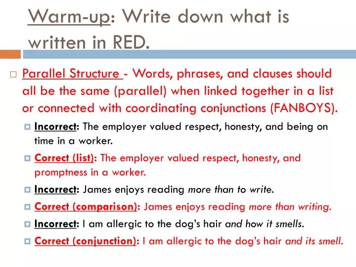 warm up write down what is written in red