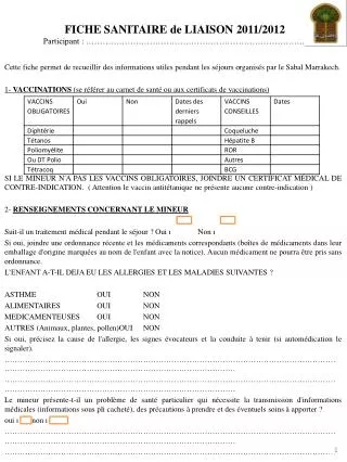 fiche sanitaire de liaison 2011 2012 participant