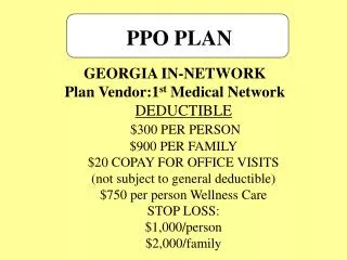 GEORGIA IN-NETWORK Plan Vendor:1 st Medical Network DEDUCTIBLE $300 PER PERSON $900 PER FAMILY