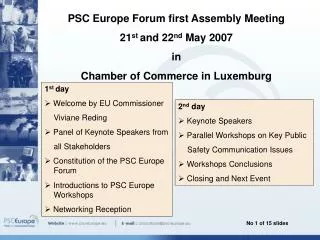 PSC Europe Forum first Assembly Meeting 21 st and 22 nd May 2007 in